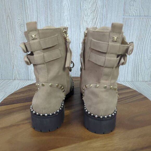 Sam Edelman Womens 8.5 Jennifer Boots Studded Combat Tan Suede Zip Ankle - Picture 5 of 12
